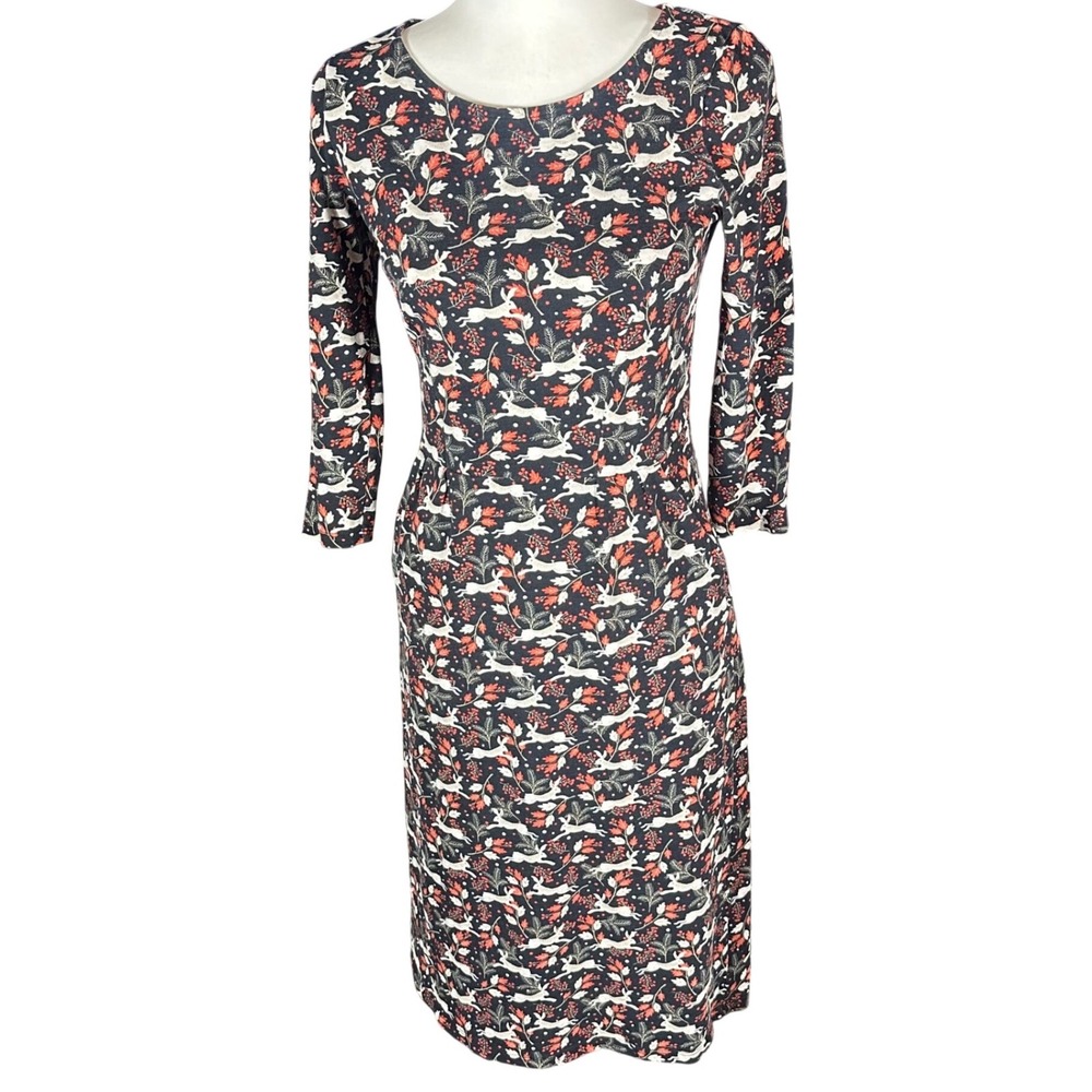 Boden Sheath Dress Women 4L‎ Black Rabbit Woodland Print 3/4 Sleeve Cotton